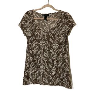 INC Taupe and White Flower Demask Studded Front Short Sleeve Swing Top